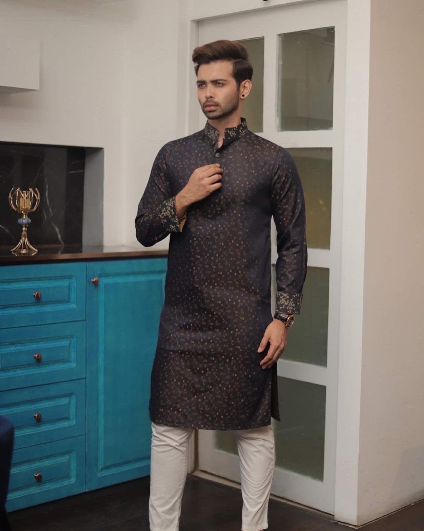 Experience best Desi Fashion with Premium Men's Panjabi. High Quality Delhi Cotton black body golden luxurious traditional Bangladeshi garment stylish style exclusive deshi punjabi long mens dress eid ramadan bangla bangali bengali hindi indian wedding shadi cultural cloth cheapest price in Sydney Melbourne Australia